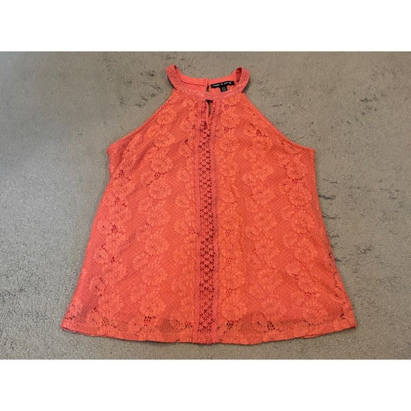 Cable & Gauge Tops - Cable & Gauge Coral Pink Floral Lace Halter Top Crochet Trim Keyhole Back Large
